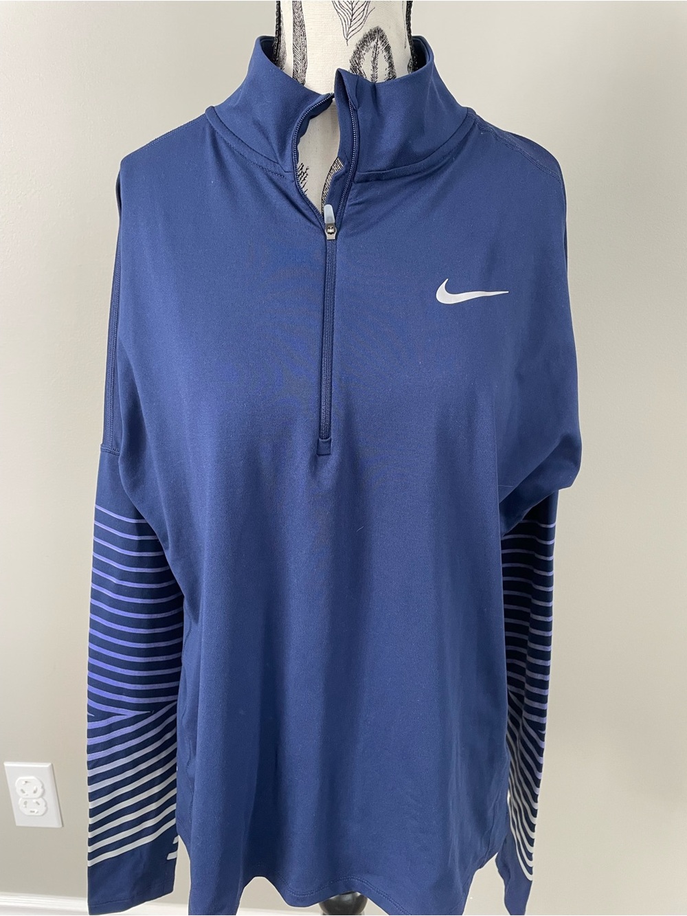 NIKE Running- Navy Half-Zip Pullover with Striped Sleeve Accents